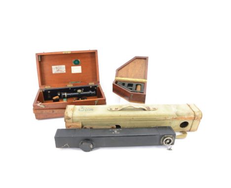 MKI Watkin Clinometer No. 1 1894, military issue Hall Bros theodolite no. 40467, and a military issue B562 gap measurer No. 3