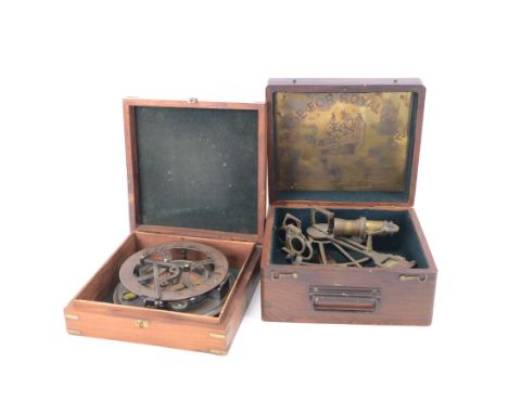 Reproduction Henry Barrow & Co London brass sextant, in wooden box, together with a similar reproduction Gilbert & Sons compa
