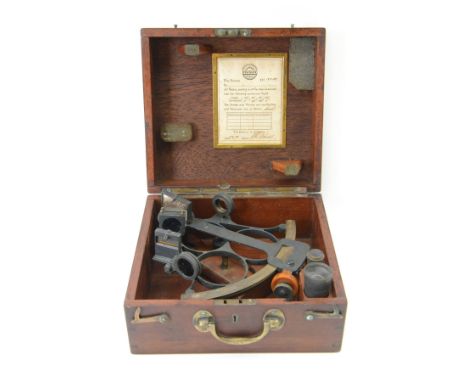 1930s Husun sextant no. 18020 in black finish, contained in fitted mahogany case with service label dated 1933