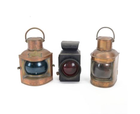 Three vehicle lamps, including bow front copper ship's 'Starboard' lamp with blue glass, a copper lantern with clear glass an