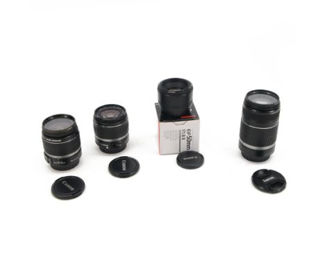 Four Canon camera lenses, comprising EF 50mm 1:1.8 lens serial no. 70896512, boxed, two zoom EF-S 18-55mm 1:3.5-5.6 IS lenses