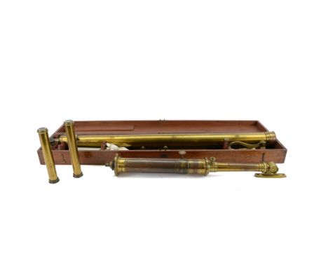 19th century brass library telescope by Chadburn Bros. Sheffield, with two lenses and folding tripod stand, contained within 