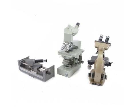 Three microscopes, including Griffin Student Vernier Microscope, Vickers Instruments binocular microscope with Leitz Wetzlar 