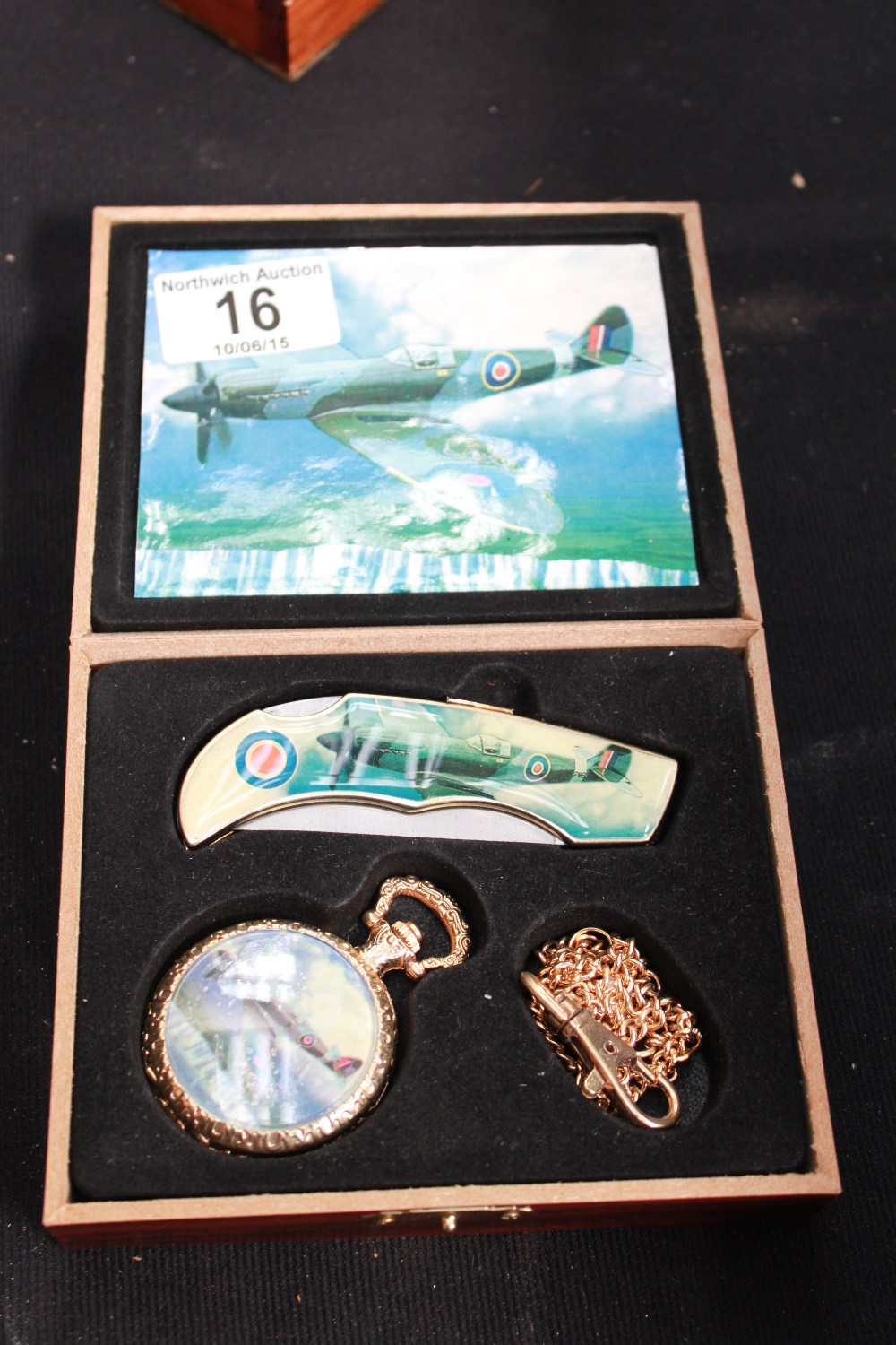 Boxed knife, pocket watch and chain with Spitfire plane detail