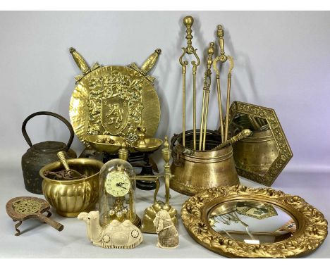 GROUP OF COLLECTABLES & METALWARE including cast metal kitchen scales with brass pans and weights, cast iron kettle, octagona