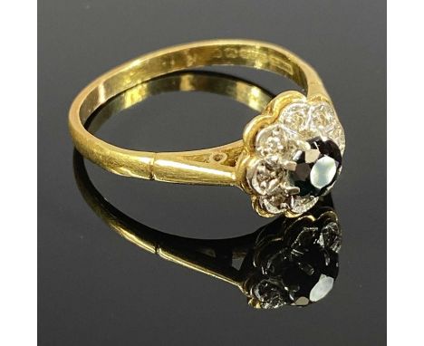 9CT GOLD CLUSTER RING, central sapphire surrounded by eleven small diamonds, size Q-R, 3.5gmsProvenance: private collection D