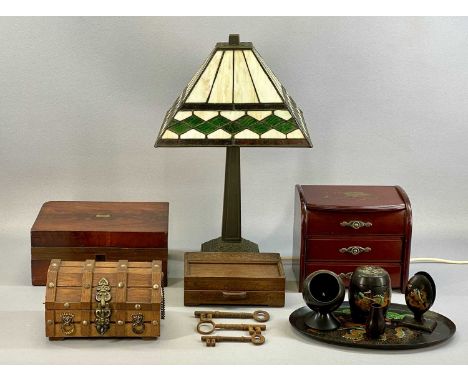 TIFFANY STYLE TABLE LAMP with metal base and leaded shade, 47cms (h), various trinket boxes and a lacquered smoker's setProve