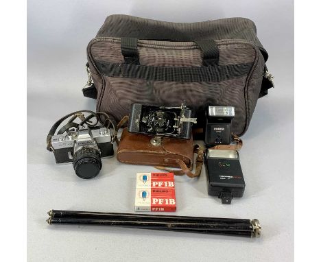 MINOLTA SRT 303 CAMERA & ACCESSORIES including bag, two flashes, vintage Bellows camera etc. Provenance: private collection P