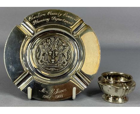HEAVY CIRCULAR SILVER ASH TRAY with crest to the centre, inscribed 'Cheshire County Council Planning Department, Mrs G Jones 