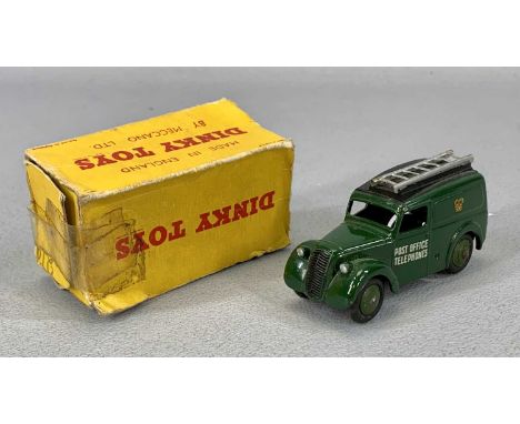 DINKY TOYS MORRIS 'P O Telephones Service Van', green body and hubs, black roof panel with silver ladder, original all card p