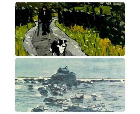 ‡ SIR KYFFIN WILLIAMS RA colour print - St Cwyfan's Church, signed in pencil and with dedication for 'Morrie', 27.5 x 35.5cms