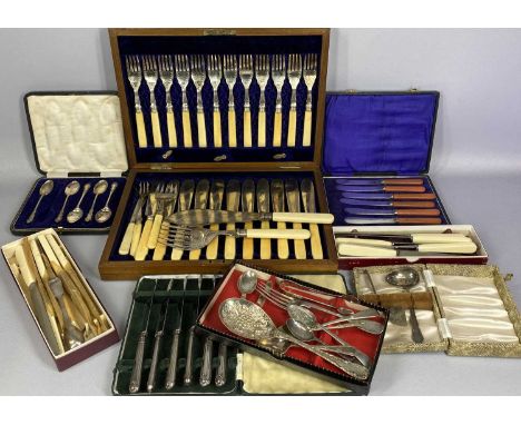 QUANTITY OF CUTLERY including mahogany cased set of twelve fish knives and forks, cased set of six silver handled dessert kni