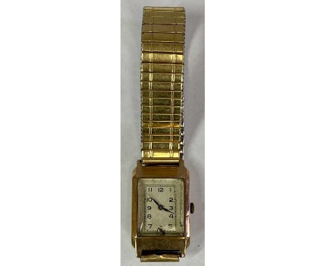 VINTAGE 9CT GOLD GENTS WRISTWATCH, rectangular case, silvered dial with Arabic numerals, subsidiary seconds dial, on expandin