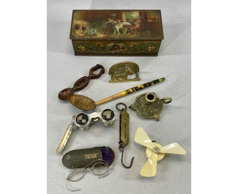 GROUP OF COLLECTABLES including a large Victorian leather bound Welsh bible, opera glasses a pair with folding handle, a fold