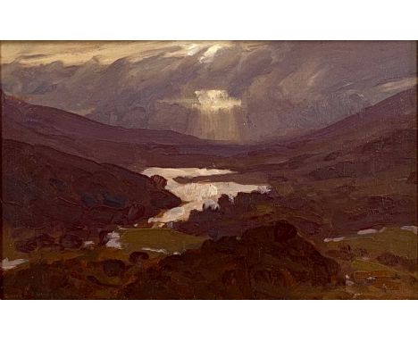 ‡ DAVID WOODFORD (Welsh b.1938) oil on board - shaft of light over Eryri lake, signed lower left, 12.5 x 19.5cmsProvenance: p