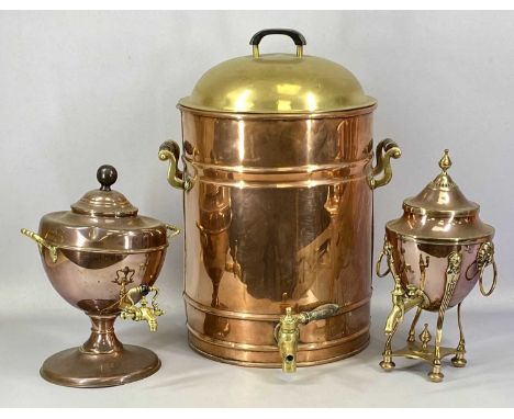REGENCY COPPER & BRASS SAMOVAR with lion mask ring handles, 36cms (h), another copper samovar with brass side handles and tap