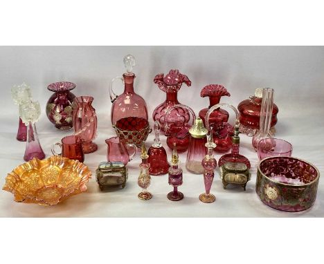COLLECTION OF RUBY & COLOURED GLASSWARE including claret jug with stopper, vases with crimped rims, two baskets with clear gl