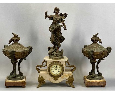 ART NOUVEAU MARBLE MANTEL CLOCK with gilt metal mounts, surmounted with a figure of a lady, 59cms (h), with a pair of spelter