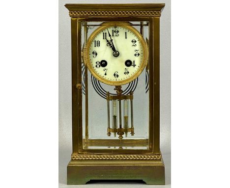 LATE 19TH CENTURY FRENCH FOUR GLASS GILT BRASS MANTEL CLOCK, white enamel dial with Arabic numerals, mercury pendulum, 27cms 