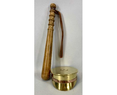 WWI TRENCH ART, a large brass shell case modelled as a soldier's cap, stamped 1918, 13cms (diam.), with wooden truncheon with
