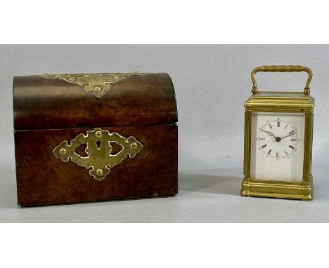 GILT BRASS CASED CARRIAGE CLOCK, white enamel dial with black Roman numerals, 8-day movement with half hour strike, 13cms (h)