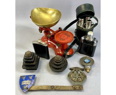 GROUP OF COLLECTABLES including vintage bumper bar with RAC, AA and Liverpool University badges, Victor kitchen scales with b