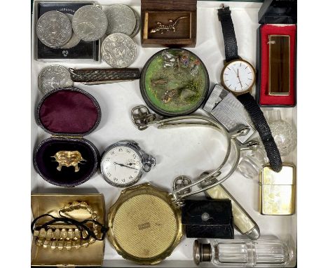 GROUP OF COLLECTABLES including chrome cased pocket stopwatch, marked with military arrow, various cigarette lighters, commem