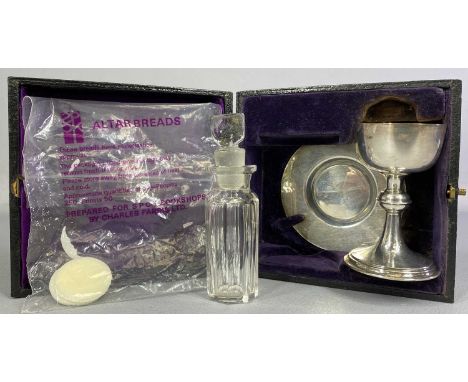 LEATHER CASED GEORGE V SILVER COMMUNION SET, CHALICE DISH & GLASS FLASK WITH STOPPER, London 1929, A. R. Mowbray & Co Limited