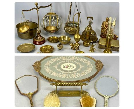GROUP OF METALWARE & COLLECTABLES including brass GWR wall candle sconces with glass shades a pair, brass framed blown glass 