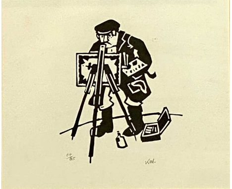 ‡ SIR KYFFIN WILLIAMS RA limited edition (69/85) lithograph - full self portrait with the artist and easel, signed with initi