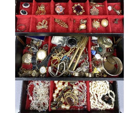 COSTUME JEWELLERY & WATCHES including white metal cuff bracelet, various brooches, silver charms and medallion, ladies wristw