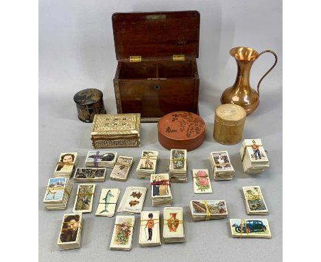 MAHOGANY TEA CADDY WITH SECRET DRAWER, mother of pearl box, various other boxes, cigarette cards, copper jug etc. Provenance: