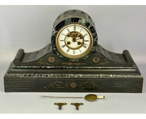 VICTORIAN BLACK SLATE & MARBLE MANTEL CLOCK with gilded line engraved decoration, barrel dial with circular enamel chapter ri