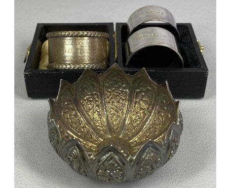 EASTERN WHITE METAL LOTUS FLOWER BOWL, repousse floral decoration, cased silver napkin rings a pair, Sheffield 1945, R. F. Mo