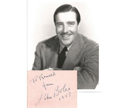 John Boles signed album page with 10x8 b/w photo. American actor best known for playing Victor Moritz in the 1931 film Franke