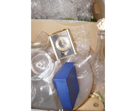2 Boxes containing glass ware, carriage clock &amp; decanter 