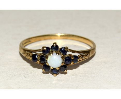 9ct gold ladies opal and sapphire cluster ring size O