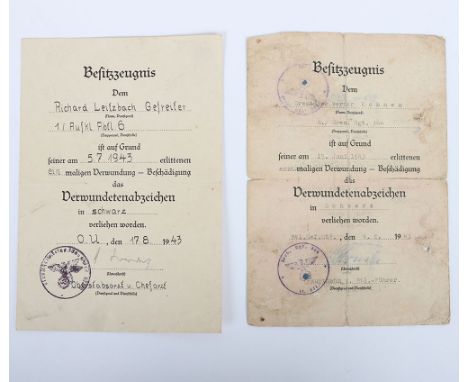 WW2 German Army  Citations for Black Wound Badges: Dated 5.7.1943 citation to Richard Leitzbach Gefreiter 1./Aufkl.Fbtl.  in 