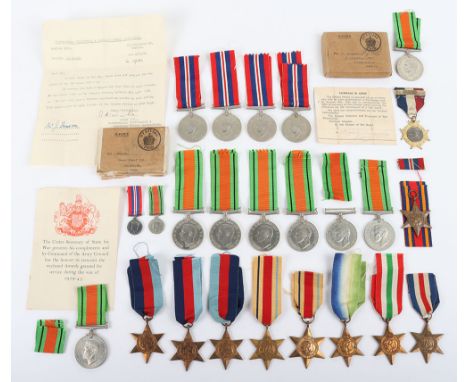 Grouping of WW2 British Campaign Medals, 2x sole entitlement Defence Medals in boxes to J. AMABILINO, Knebworth and J. FENSOM