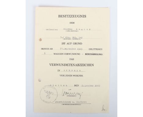 WW2 German Army  Citation for Black Wound Badge: Dated 25th September 1943  to  Gefreiten Wilhelm Nagler 3./Pic.Btl.342 with 