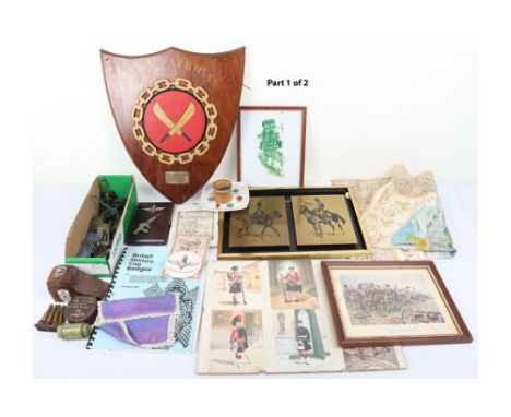 Military Pictures: Mixed framed picture, china , Match box covers, large East Africa and other plaques , vintage Dinky and ot