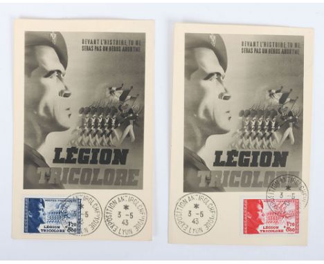 WW2 French Vichy Legion Tricolore Postcards:  Two rare French Legion Tricolore picture postcards with stamps and Anti-Bolshev