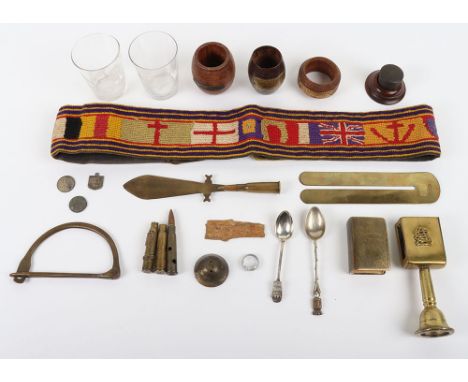 Grouping of WWI Memorabilia and Curios, HMS Ganges (1821-1930), Birmingham & Iron Duke timber souvenirs; Arras & Blankenbergh