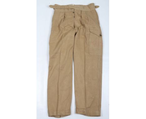 British Post WW2 Khaki Drill Trousers: Drill trousers 1950 pattern with large white label with size waist 32-34 ,arrow and da