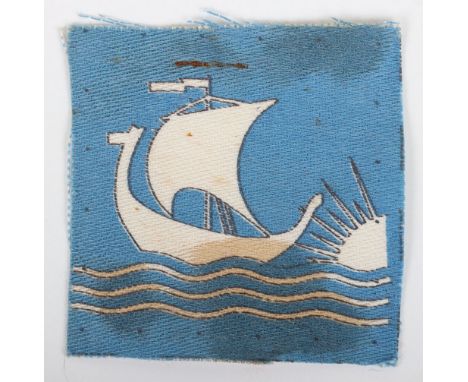 WW2 British Troops Norway Cloth Formation Sign, being printed white Viking ship on three lines (representing sea) with sun se