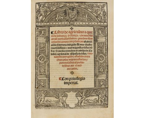 Alonso de Herrera (Gabriel) Libro de agricultura, collation: [cross]2 a-z8 2z8 Ɔ8, double column, title in red and black and 