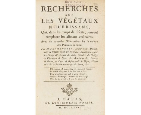 Parmentier (Antoine) Recherches sur les Vegetaux Nourrissans, first edition, folding engraved plate, Paris, L'Imprimerie Roya