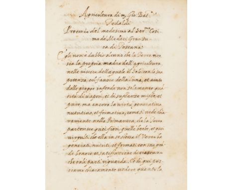 Tedaldi (Giovanni Battista) Discorso sull' Agricoltura, manuscript on paper, i + 94+ i leaves (fols. 60v-94v blank), text wri