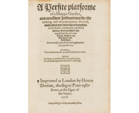 Scot (Reginald) A Perfite platforme of a Hoppe Garden, third edition, collation: A-K4 (lacking final blank K4), largely print