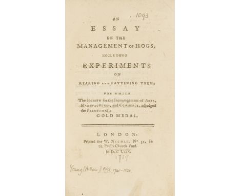 [Young (Arthur)] An Essay on the Management of Hogs; including Experiments on Rearing and Fattening them, first edition, slig